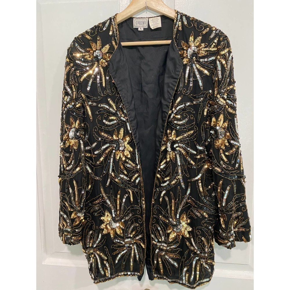 CARINA - Silver & gold sequin formal jacket long sleeve, open front, size large